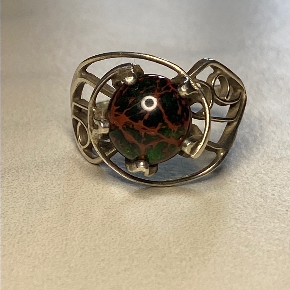 Sterling Silver Filigree Ring‎ with Brown and Green Cabochon 925 size 7.25